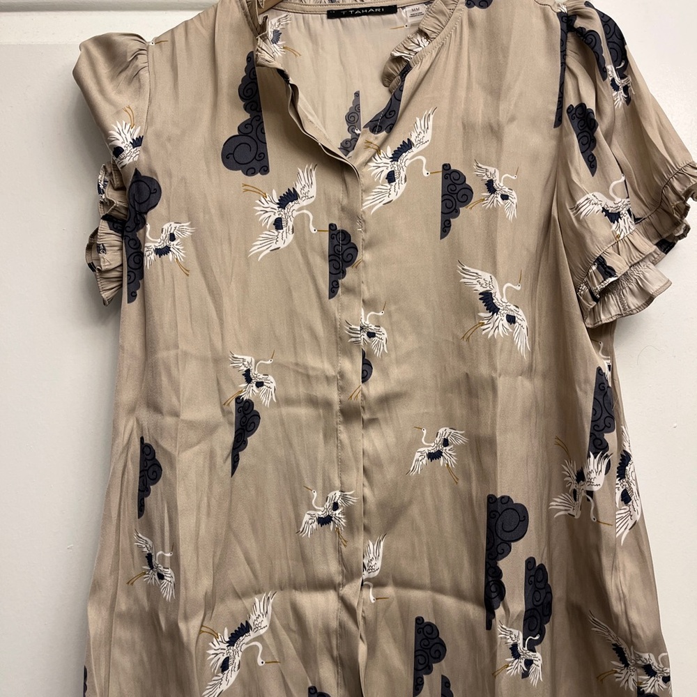 T Tahari Cream Blouse with Bird Design